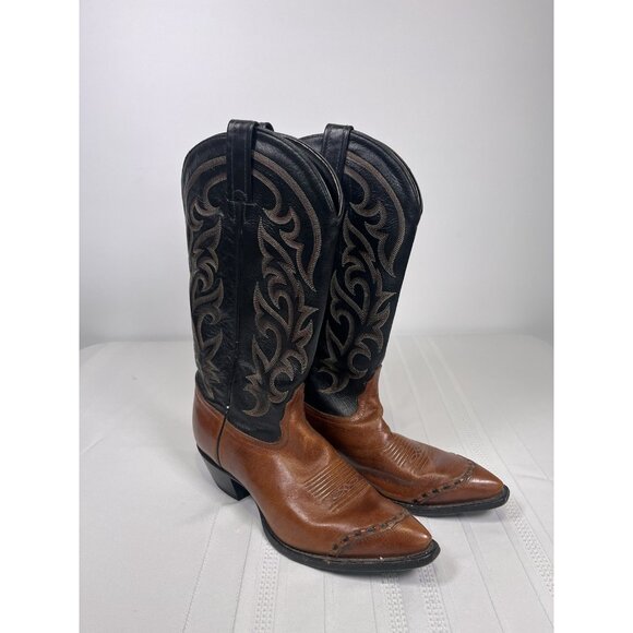 VTG Tony Lama Women’s 8 Cowboy Boots Brown Black 1035 Leather Western Point Toe - Picture 3 of 11
